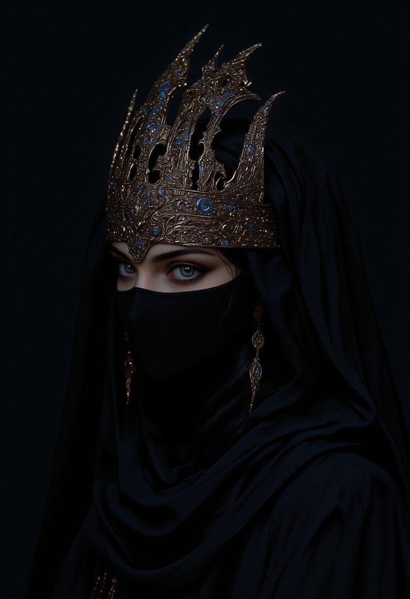 "This year everyone is wearing a 'mask' and taupe is the only suitable colour. "((dark atmosphere, dark gray filter)) close up view
Dark Queen, gorgeous lips, dark red lipstick,((in a dark robe with her face completely hidden under a heavy fabric)). ((the eyes and the floor of the face are covered with a cloth))
On the head rises a luxurious crown with exquisite details. Gothic crown of the night queen.(The crown is tightly worn on the head) The atmosphere is dark and mystical, accentuated by dramatic lighting and deep shadows
high_detailed, captured in high detail