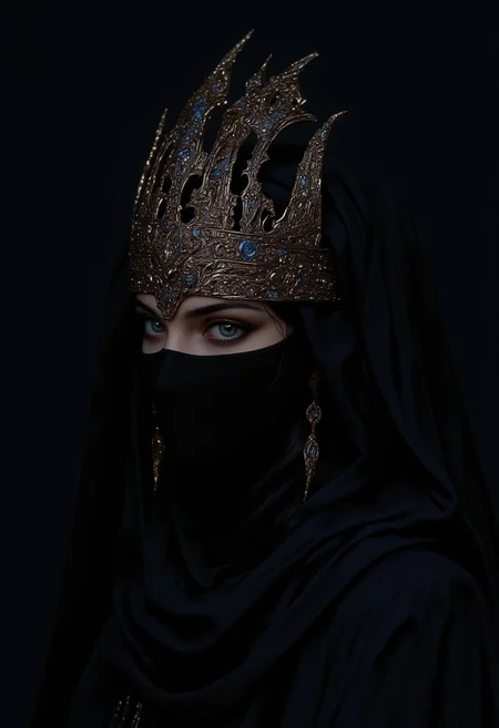 "This year everyone is wearing a 'mask' and taupe is the only suitable colour. "((dark atmosphere, dark gray filter)) close up view
Dark Queen, gorgeous lips, dark red lipstick,((in a dark robe with her face completely hidden under a heavy fabric)). ((the eyes and the floor of the face are covered with a cloth))
On the head rises a luxurious crown with exquisite details. Gothic crown of the night queen.(The crown is tightly worn on the head) The atmosphere is dark and mystical, accentuated by dramatic lighting and deep shadows
high_detailed, captured in high detail