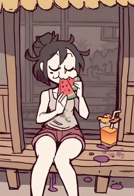 dybmw/hf, [(khyle.:0.1)::0.1],  (score_9, score_8_up, score_7_up), diives, Rapscallionstyle , adjatha_style , 1 girl , solo , watermelon slice , eating , stuffed cheek , juice stain , sitting , watermelon , cute , tank top , jean shorts , watermelon juice stain , juice , cute , sitting , front porch , garden , sunny , happy , 
masterpiece, best quality, good quality, very awa, newest, highres, absurdres, edanoma_meu_illu ,n0riuma_illu, Sinozick_illu, gradient,
, <lora:NOOB_EPSv1_1_detailer_by_vlnvk_v0_5:1>
 ,<lora:ae¾a°c±æa¦¹cc»e£0.1cæ¬XL:1>