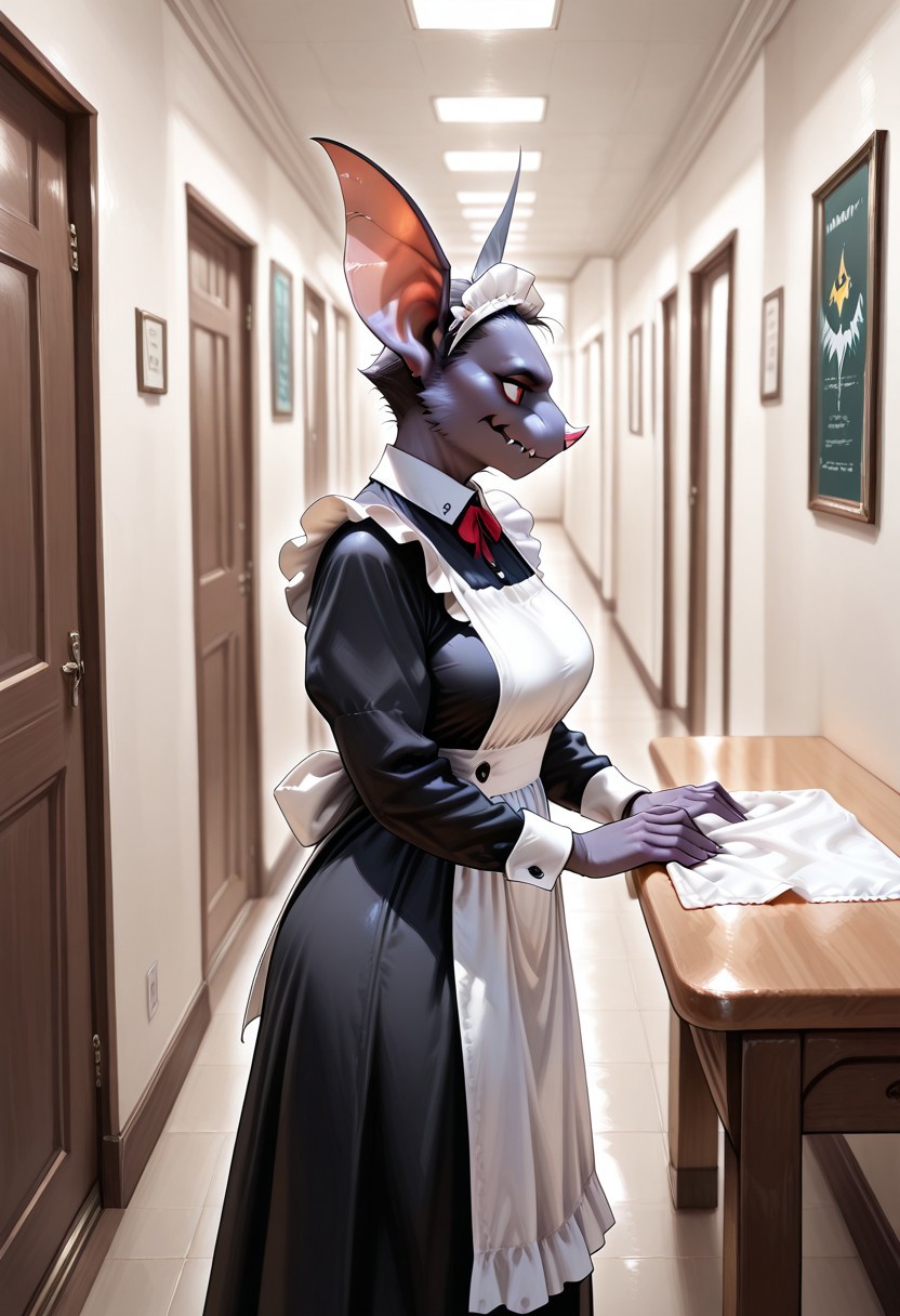 lazympos, AnthroBat,
1girl, maid, standing, cleaning table, in hallway, from side