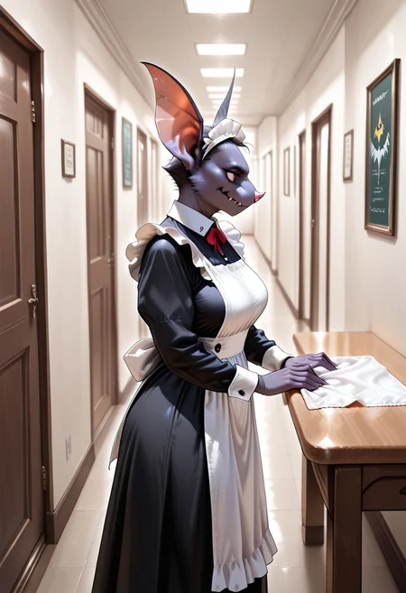 lazympos, AnthroBat,
1girl, maid, standing, cleaning table, in hallway, from side