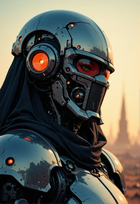 <lora:ck-chromatic-crusade_r1-000011:0.8>, in the style of ckcc, woman templar is an android, the plastic cyborg mask is open, the mechanical parts of the robot are visible inside, the android is very sinister and dangerous, from the epic movie Ghost in Armor, erie medieval battlefield background