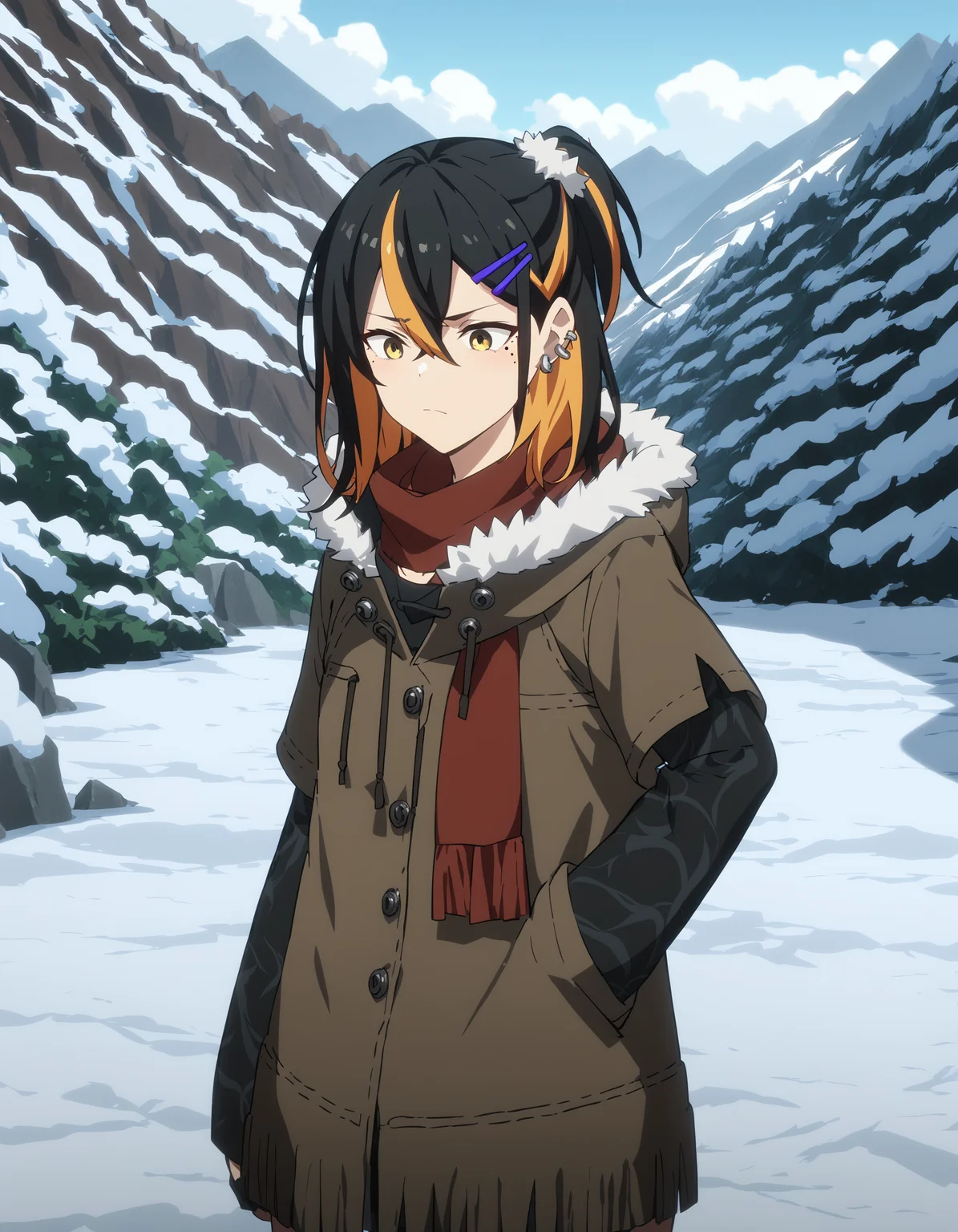 score_9,score_8_up,score_7_up,(down jacket:1.2),winter_clothes,in winter,fur trim,cowboy shot,
<lora:naina_pony:0.6>,naina,1girl,solo,black hair,multicolored hair,hairclip,hair ornament,yellow eyes,blonde hair,mole under eye,mole,ear piercing,collarbone,medium hair,hair between eyes,piercing,bangs,orange hair,streaked hair,two-tone hair,jewelry,anime screencap,<lora:Anime_Screencap:1>,flat chest,light_blush,thinking,landscape,snow,ice,scarf,