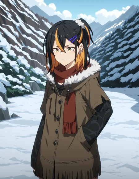 score_9,score_8_up,score_7_up,(down jacket:1.2),winter_clothes,in winter,fur trim,cowboy shot,
<lora:naina_pony:0.6>,naina,1girl,solo,black hair,multicolored hair,hairclip,hair ornament,yellow eyes,blonde hair,mole under eye,mole,ear piercing,collarbone,medium hair,hair between eyes,piercing,bangs,orange hair,streaked hair,two-tone hair,jewelry,anime screencap,<lora:Anime_Screencap:1>,flat chest,light_blush,thinking,landscape,snow,ice,scarf,
