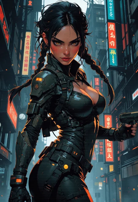 magnificent, closeup portrait, female bounty hunter, braided black hair, futuristic armor, sexy, curvy, large breasts, large ass, a rifle strapped to her back, holstered pistol, Cyberpunk City, Neon Lights, cracking knuckles, 
Cowboy Shot, close up, from above,