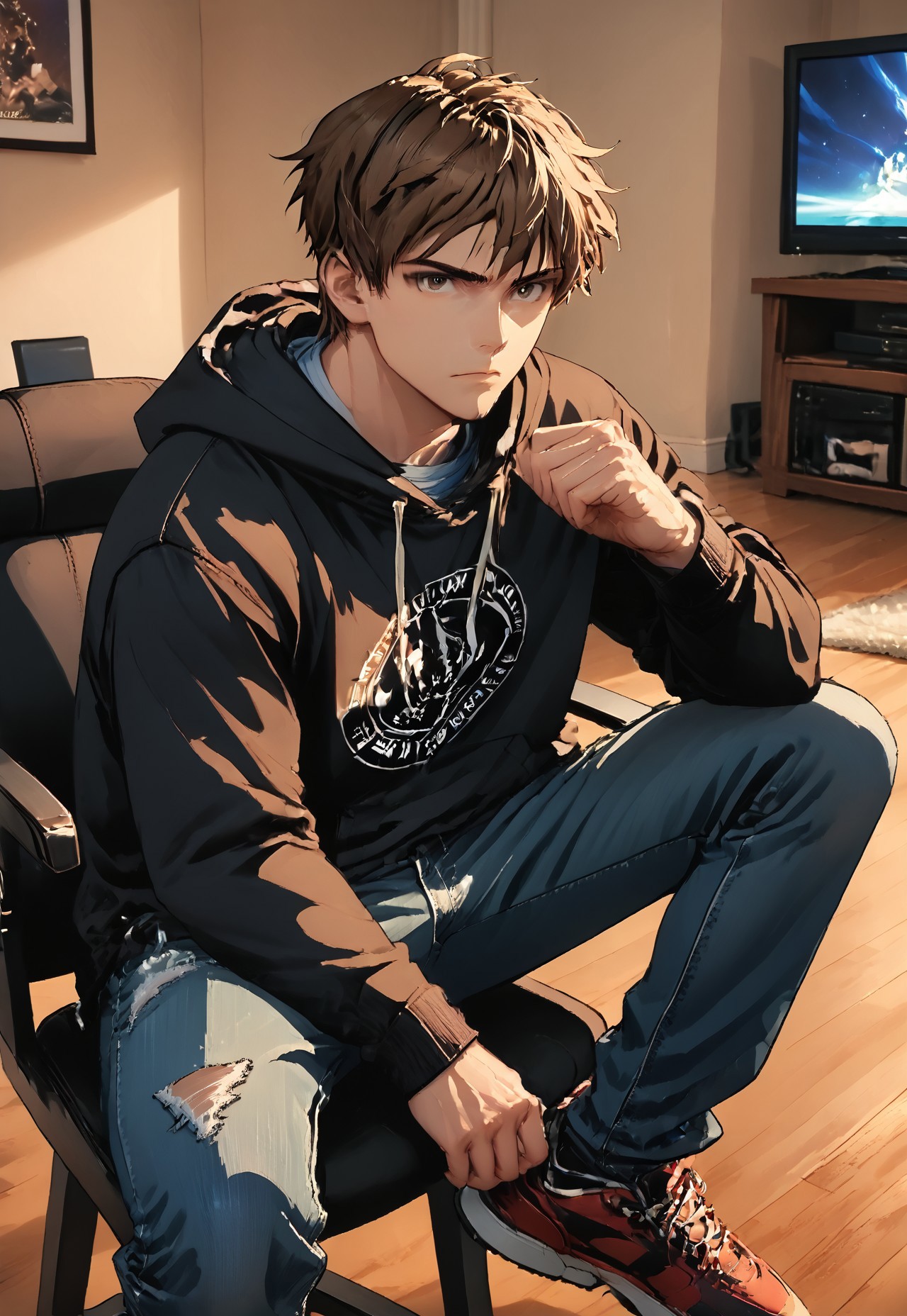 easynegative, zPDXL3, front view, 1boy, male, (solo:1.1), gamer_boy, brown eyes, brown hair, turned to the side, looking at viewer, intense expression, sitting, one leg raised, one arm resting on knee, brown hoodie with white design, blue grey t-shirt, blue slim fit ripped jeans, black socks, red and white sneakers with black pattern, wood floor, sheepskin rug, picture on wall, gamer chair, TV screen, wooden cabinet, games consoles, hifi,
