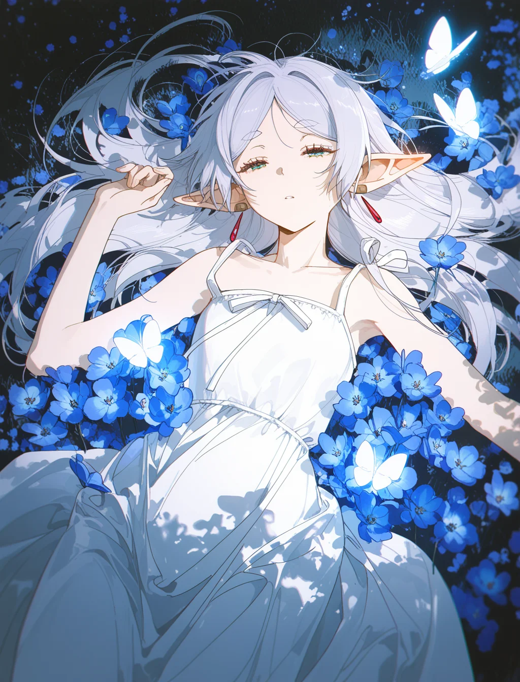 1girl, frieren, rella, konya karasue, z3zz4, blue flower, messy hair, tree shade, dappled sunlight, white sundress, half-closed eyes, sleepy, parted lips, solo, cowboy shot, expressionless, pointy ears, elf, earrings, parted bangs, grey hair, thick eyebrows
BREAK
(glowing butterfly:1.2), from above, lying, field of flowers, night, best quality, masterpiece, absurdres, very awa, (bloom:1.2)