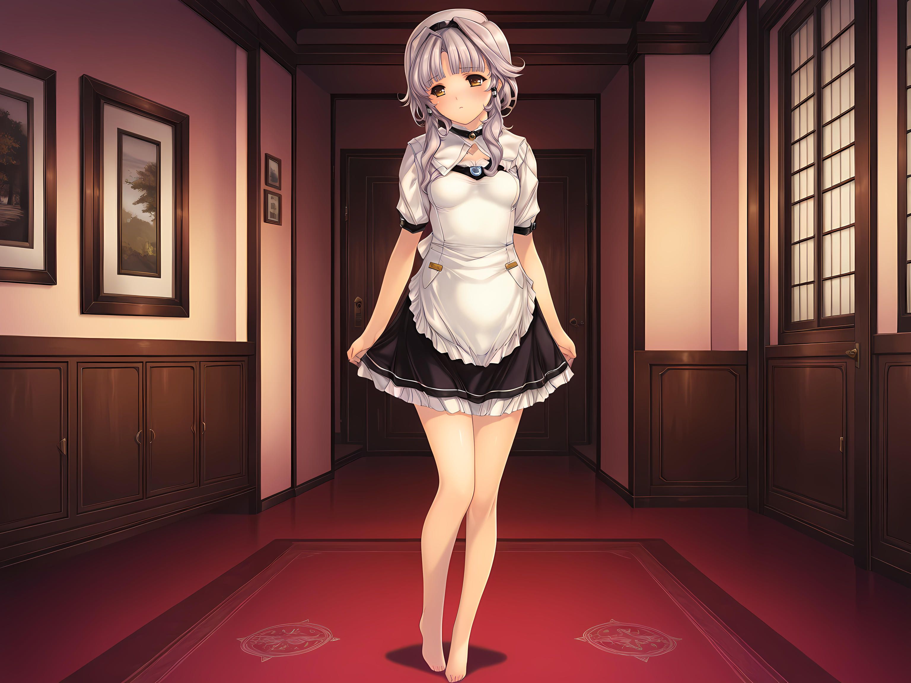 <lora:Oyako_Rankan_Illustrious:0.8>,1girl,solo,yukino,yk maid outfit,min-naraken,indoors,full body,barefoot,small breasts,standing,grey hair,, masterpiece,best quality,amazing quality,