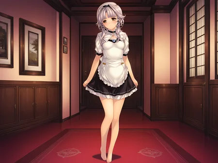 <lora:Oyako_Rankan_Illustrious:0.8>,1girl,solo,yukino,yk maid outfit,min-naraken,indoors,full body,barefoot,small breasts,standing,grey hair,, masterpiece,best quality,amazing quality,