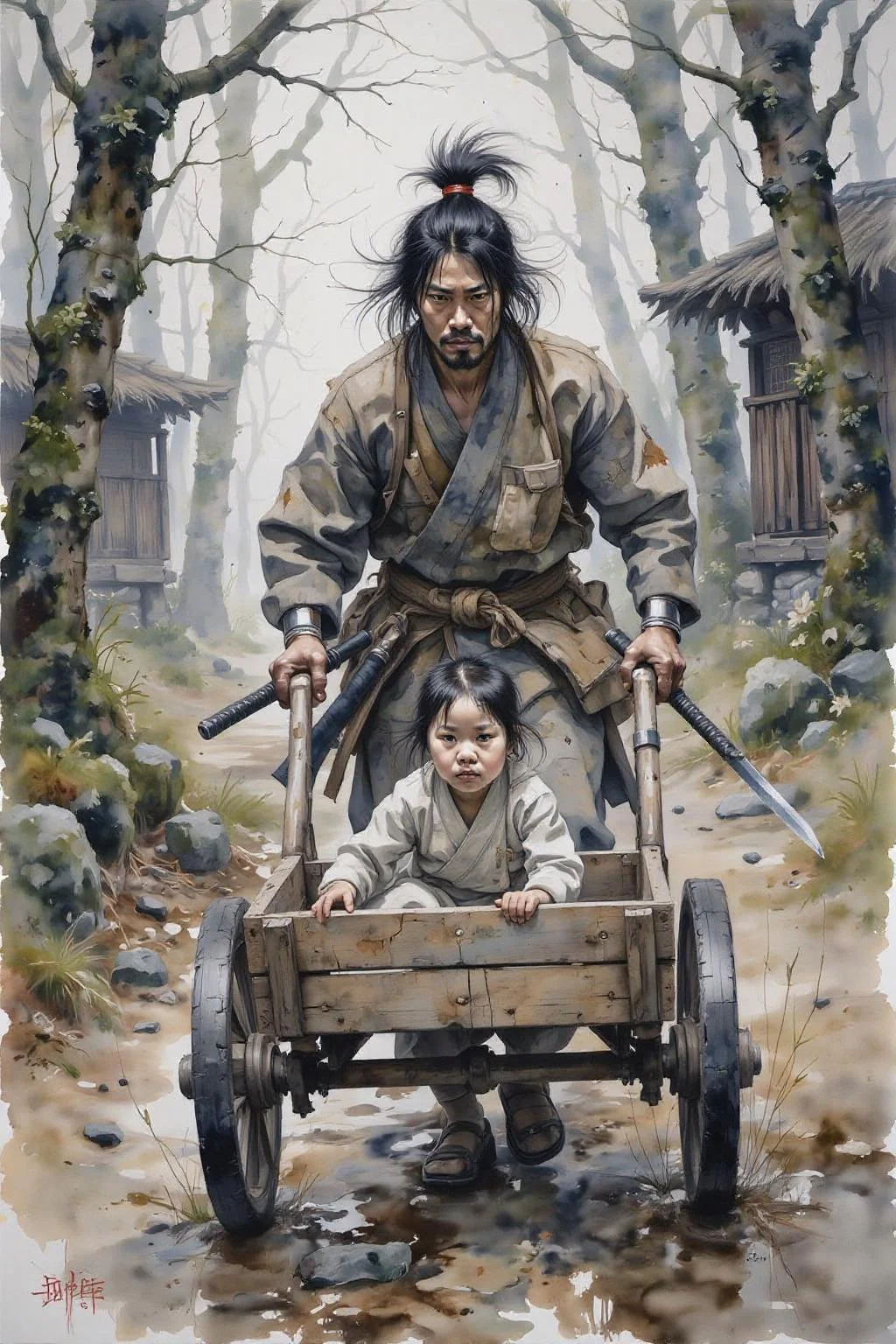 yawc1 watercolor.
A stoic Japanese samurai dressed in traditional tattered kimono pushes a wooden cart through a serene yet dangerous landscape. Inside the cart sits a small child, quietly observing the world with wide eyes, drawing clear inspiration from "Lone Wolf and Cub." The samurai's hand grips the handle of the cart firmly, while his other hand rests on the hilt of his katana, ready for any threat. The background is a misty forest or ancient village, with hints of danger lurking in the shadows. The scene exudes a sense of duty, protection, and the quiet intensity of a warrior's journey.  <lora:yawcolor_nocap_d6a3:1.0> <lora:Flux-Sch-SingleBlocks-BF16:1.0><lora:799119528022970896:0>