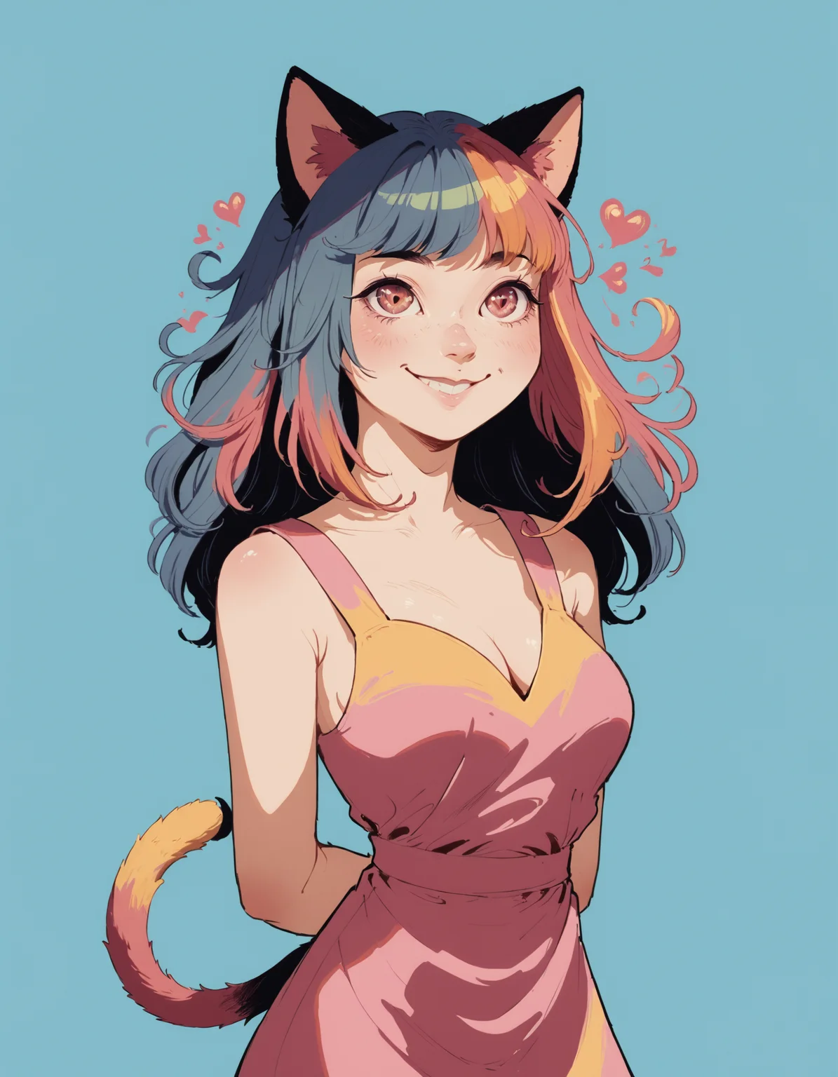 1girl, woman, solo, simple pastel background, cat tail, cat ears, medium sized breasts, cleavage, detailed summer dress, smile, long hair, hands behind back, hearts, love, colorful, large eyes, vintage_pop <lora:whimsical_vintage_pop:1>