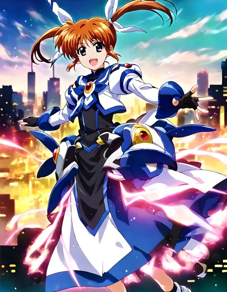 <lora:pony_xl_nanoha:0.9>,nanoha,score_9,score_8_up,score_7_up,source_anime,1girl,solo,magical girl,armored dress,medium dress,white jacket,long sleeves,puffy sleeves,black shirt,black gloves,fingerless gloves,long skirt,black socks,white footwear,shoes,glowing,light particle,smile,laughing,floating,day,sky,city,cityscape,building,cowboy_shot,lens_flare,looking_at_viewer,
