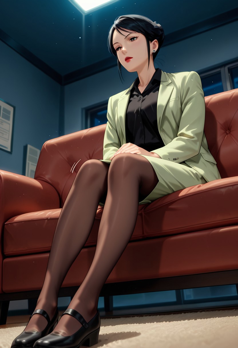 masterpiece, best quality, newest, absurdres, CG, anime, source anime, illustration, very aesthetic, high resolution, ultra-detailed, newest, scenery, medium depth of field, rule of thirds, masterpiece-level, clean lines, sharp, focused subject
1girl, solo, AtsukoChiba, 1girl, black hair, lipstick, red lips, hair bun, earrings,
collared shirt,black shirt, green jacket, pencil skirt, green skirt, brown pantyhose, shoes
dynamic pose, sitting on the sofa, looking around, expressionless, hands joined in the lap, from below
indoors, office, red leather sofa, night, moonlight, long shadows on the floor, carpet
cinematic angle, detailed background, beautiful background, (rays light:1.0),(grow:1.0), light particles, motion lines, from both sides