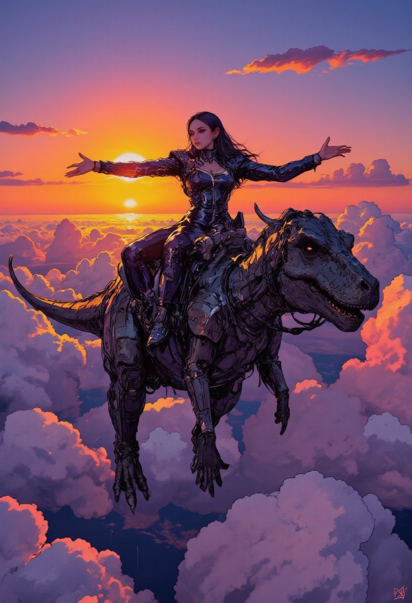 Dramatic silhouette of a girl riding on a flying dinosaur in the sky, the girl named Anke is  wearing a high fashion dress and has long hair, shadows unseen, dark silhouettes, floating, colorful sunrise horizon in the background, big colorful sun, clouds, dreaming fantasy, outstretched arms, BREAK cheonyeon-hi,a-shacho ,wanke, oil painting, highly detailed, aesthetic, great lighting, extremely detailed,  perfect composition, a vibrant tissue of hues and textures captured digitally, best quality, realistic, captivating, intricately detailed, hyper detailed, maximalist style, dynamic lighting, superb composition, finest details, highest aesthetics, best quality, sharp focus, high contrast, stylized, clear, colorful, ultra quality, whimsical, fantastic, splash art, intricate detailed, hyperdetailed, maximalist style, hyper detailed, maximalist style,  concept art, sharp focus, harmony, serenity, calm, mysterious glow, dynamic lighting, superb composition, sharp focus, high contrast, stylized, clear, colorful, ultra quality,  best quality, DB4RZ, DB4RZ style painting, NeoPigma, in the style of cksc, anime, cyberpunk, a masterpiece, award winning