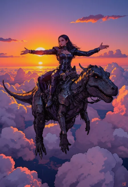 Dramatic silhouette of a girl riding on a flying dinosaur in the sky, the girl named Anke is wearing a high fashion dress and has long hair, shadows unseen, dark silhouettes, floating, colorful sunrise horizon in the background, big colorful sun, clouds, dreaming fantasy, outstretched arms, BREAK cheonyeon-hi,a-shacho ,wanke, oil painting, highly detailed, aesthetic, great lighting, extremely detailed, perfect composition, a vibrant tissue of hues and textures captured digitally, best quality, realistic, captivating, intricately detailed, hyper detailed, maximalist style, dynamic lighting, superb composition, finest details, highest aesthetics, best quality, sharp focus, high contrast, stylized, clear, colorful, ultra quality, whimsical, fantastic, splash art, intricate detailed, hyperdetailed, maximalist style, hyper detailed, maximalist style, concept art, sharp focus, harmony, serenity, calm, mysterious glow, dynamic lighting, superb composition, sharp focus, high contrast, stylized, clear, colorful, ultra quality, best quality, DB4RZ, DB4RZ style painting, NeoPigma, in the style of cksc, anime, cyberpunk, a masterpiece, award winning