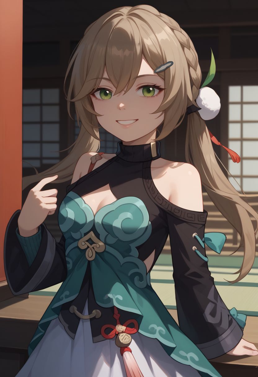score_9, score_8_up, score_7_up, source_anime, 1girl, qingquedef, green eyes, brown hair, long hair, twintails, braid, hair ornament, hairclip, small breasts, bare shoulders, shoulder cutout, clothing cutout, cleavage cutout, turtleneck, dress, long sleeves, skirt, tassel, standing, smile, looking at viewer, indoors, shrine, close-up, facing viewer, hand on hip, upper body, <lora:Qingque_v1-000010:1>