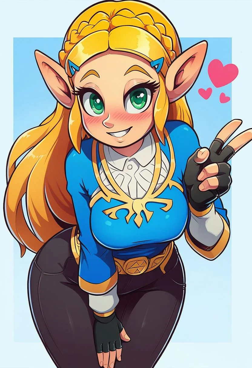 score_9, score_8_up, score_8, medium breasts, cute, eyelashes, leaning forward, v, princess zelda, long hair, crown braid, hairclip, pointy ears, blue shirt, long sleeves, fingerless gloves, black gloves, black pants, tight pants, green eyes, solo, looking at viewer, smile, blush, heart,