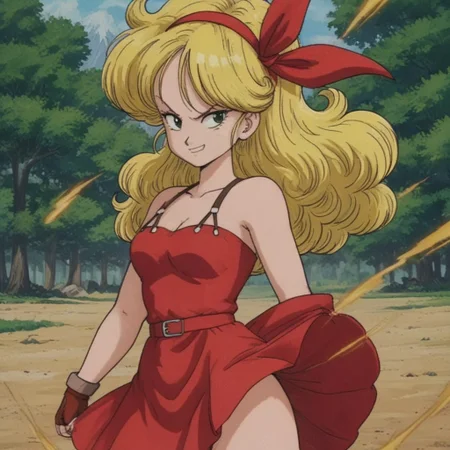 Outdoors, trees, blue sky, mountains, source_anime, source_cartoon, Thick outlines, 80s style anime filter, good angles
launch bad, smug face, blonde hair, long hair, curly hair, green eyes, red dress, red mini skirt, fierce look, fighting stance, pose