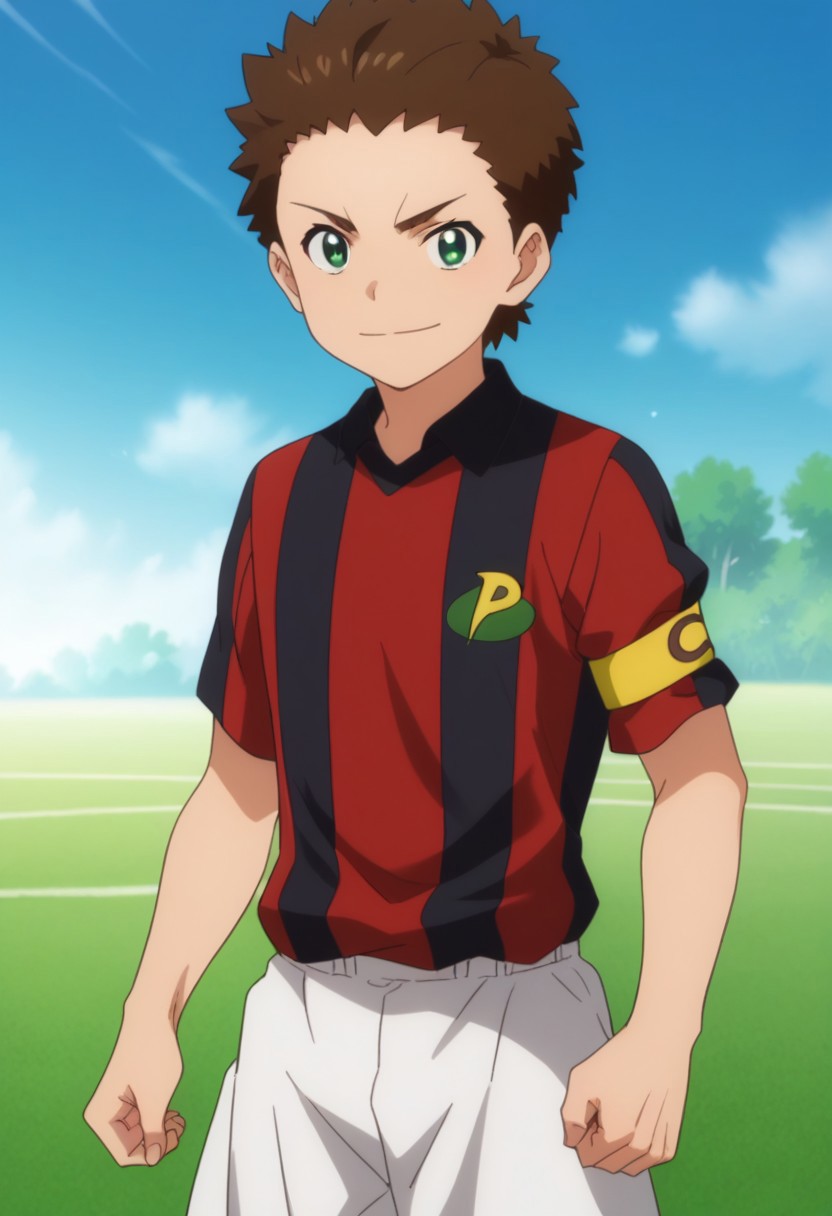score_9, score_8_up, score_7_up, source_anime, highly detailed, 
shou, 1boy, male focus, brown hair, solo, green eyes, shirt, clenched hands, sportswear, closed mouth, collared shirt, soccer uniform, striped, black shirt, red shirt, white shorts, armband, smile, determined,
outdoor, sky,