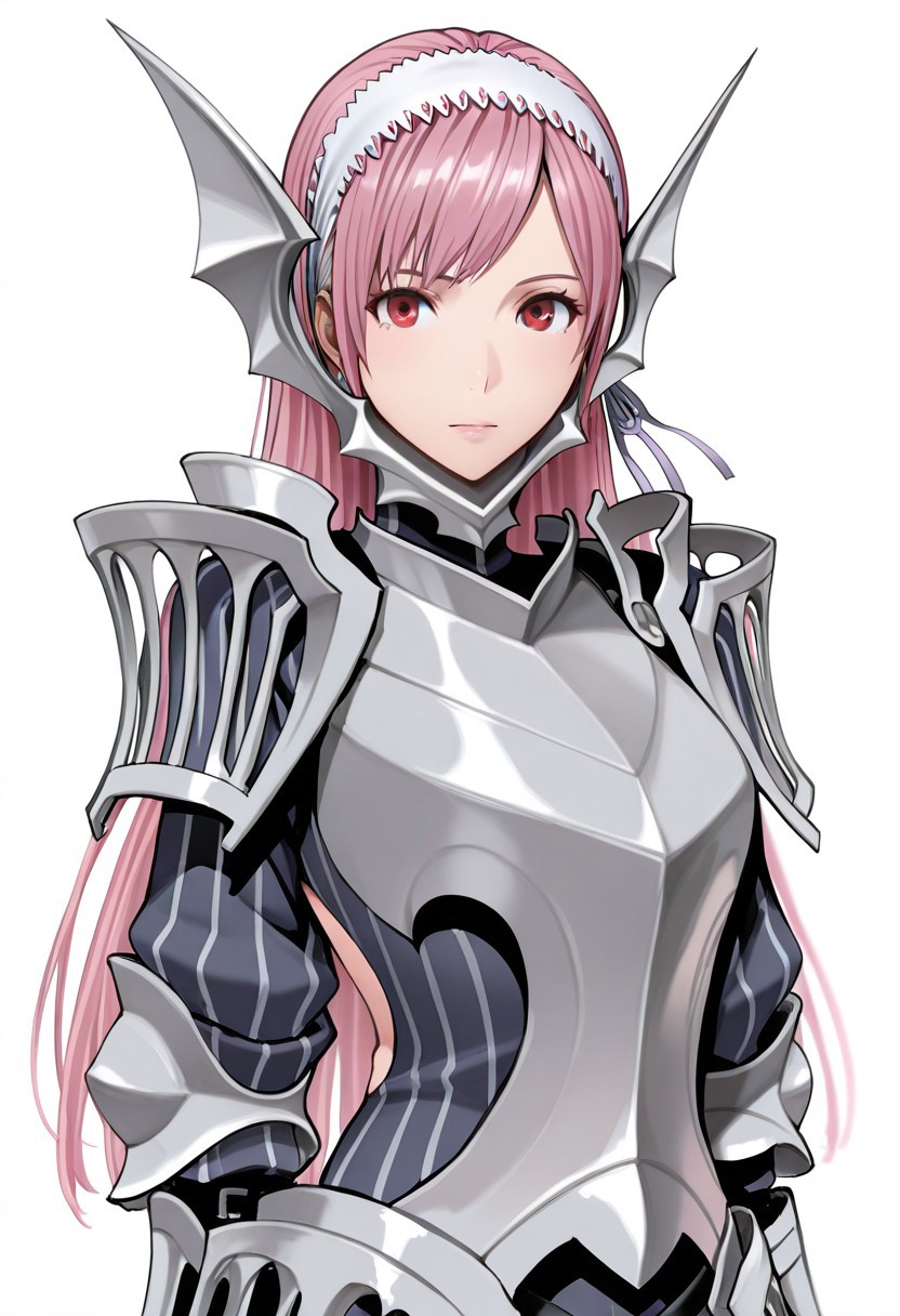masterpiece, best quality, crimsonj-girl.fightil, 
  1girl, Cherche, long hair, pink hair, hairband, red eyes, armor, breastplate, shoulder armor, 
looking at viewer, smilling,
  Simple background,  perfect anatomy