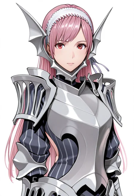 masterpiece, best quality, crimsonj-girl.fightil, 
  1girl, Cherche, long hair, pink hair, hairband, red eyes, armor, breastplate, shoulder armor, 
looking at viewer, smilling,
  Simple background,  perfect anatomy