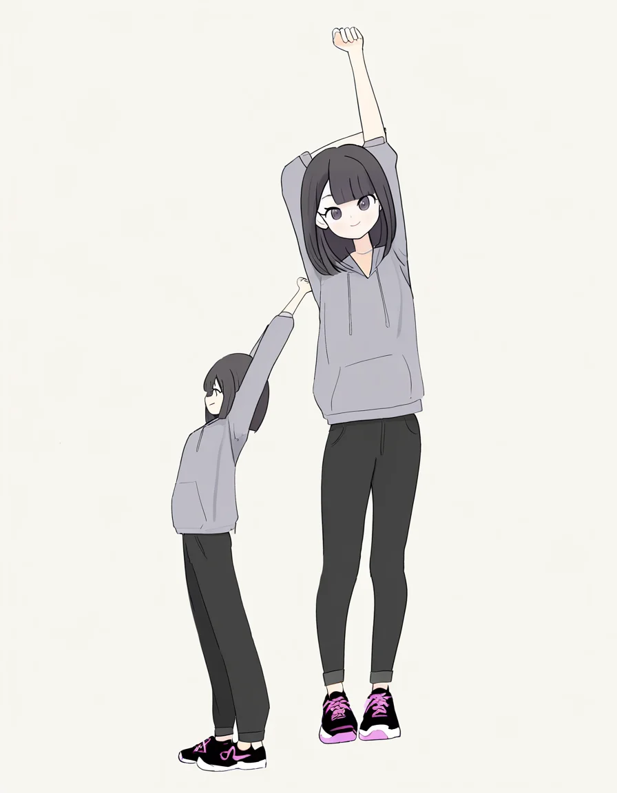 <lora:lijing_noob:1>,skin2,lijing,anotherstyle,1girl,solo,stretching,white background,pants,full body,simple background,medium hair,black hair,grey hoodie,looking at viewer,smile,shoes,hood,bangs,hoodie,black pants,arms up,standing,
masterpiece,best quality,very aesthetic,absurdres,