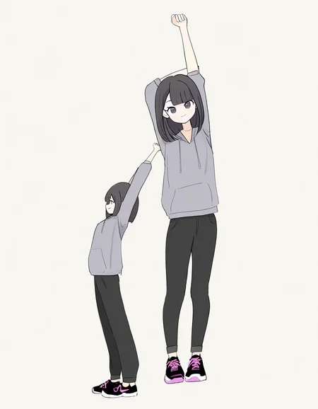 <lora:lijing_noob:1>,skin2,lijing,anotherstyle,1girl,solo,stretching,white background,pants,full body,simple background,medium hair,black hair,grey hoodie,looking at viewer,smile,shoes,hood,bangs,hoodie,black pants,arms up,standing,
masterpiece,best quality,very aesthetic,absurdres,