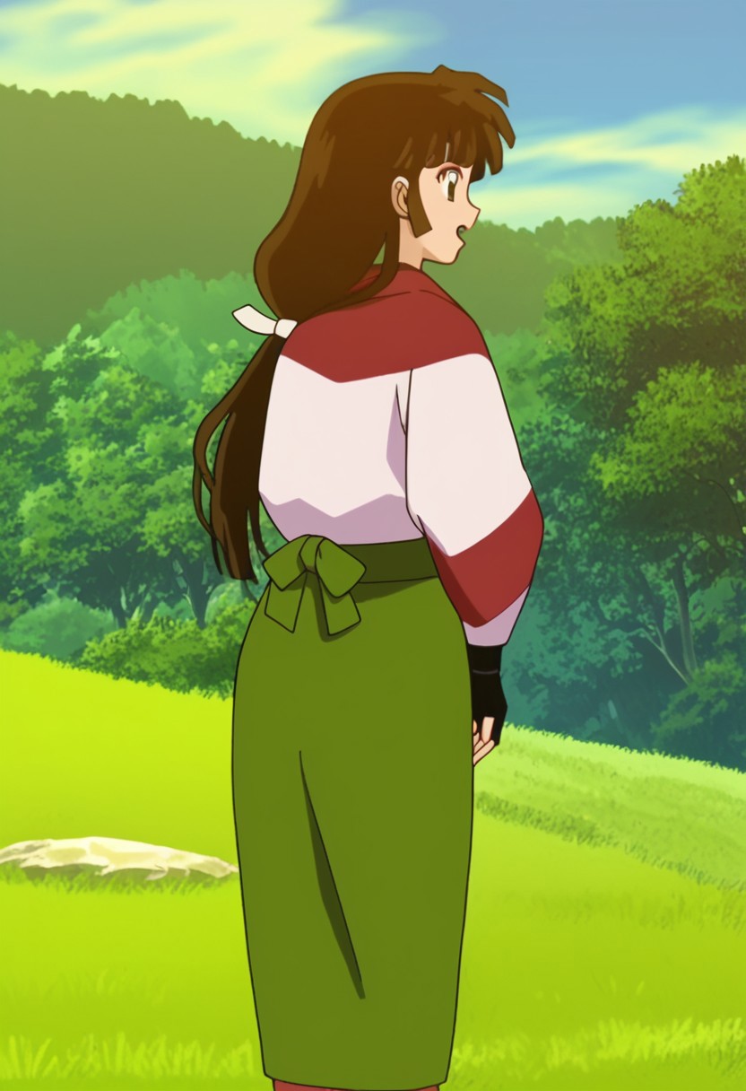 score_9, score_8_up, score_7_up, score_6_up, score_5_up, source_anime, rating_safe, best quality, extremely detailed, highres, perfect detailed, 8k, masterpiece, parody (InuYasha style), absurdres, official art, official style, InuYasha artstyle, anime coloring, retro style, flat shadows, anime screencap
BREAK Sango, 1girl, solo, brown eyes, brown hair, black hair, long hair, low-tied long hair, makeup, bangs, Japanese clothes, kimono, green skirt, skirt, fingerless gloves, gloves, open mouth, smile, standing, from behind, looking back, straw sandals, confused
BREAK grass, beautiful flower field, forest, trees, blue sky, sky