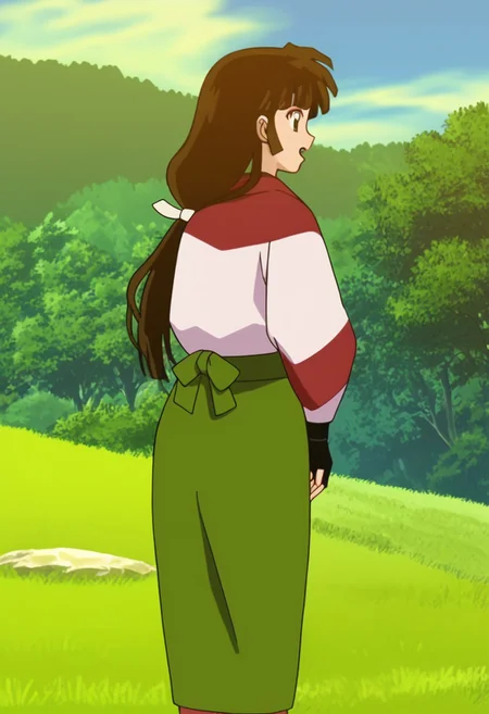 score_9, score_8_up, score_7_up, score_6_up, score_5_up, source_anime, rating_safe, best quality, extremely detailed, highres, perfect detailed, 8k, masterpiece, parody (InuYasha style), absurdres, official art, official style, InuYasha artstyle, anime coloring, retro style, flat shadows, anime screencap
BREAK Sango, 1girl, solo, brown eyes, brown hair, black hair, long hair, low-tied long hair, makeup, bangs, Japanese clothes, kimono, green skirt, skirt, fingerless gloves, gloves, open mouth, smile, standing, from behind, looking back, straw sandals, confused
BREAK grass, beautiful flower field, forest, trees, blue sky, sky