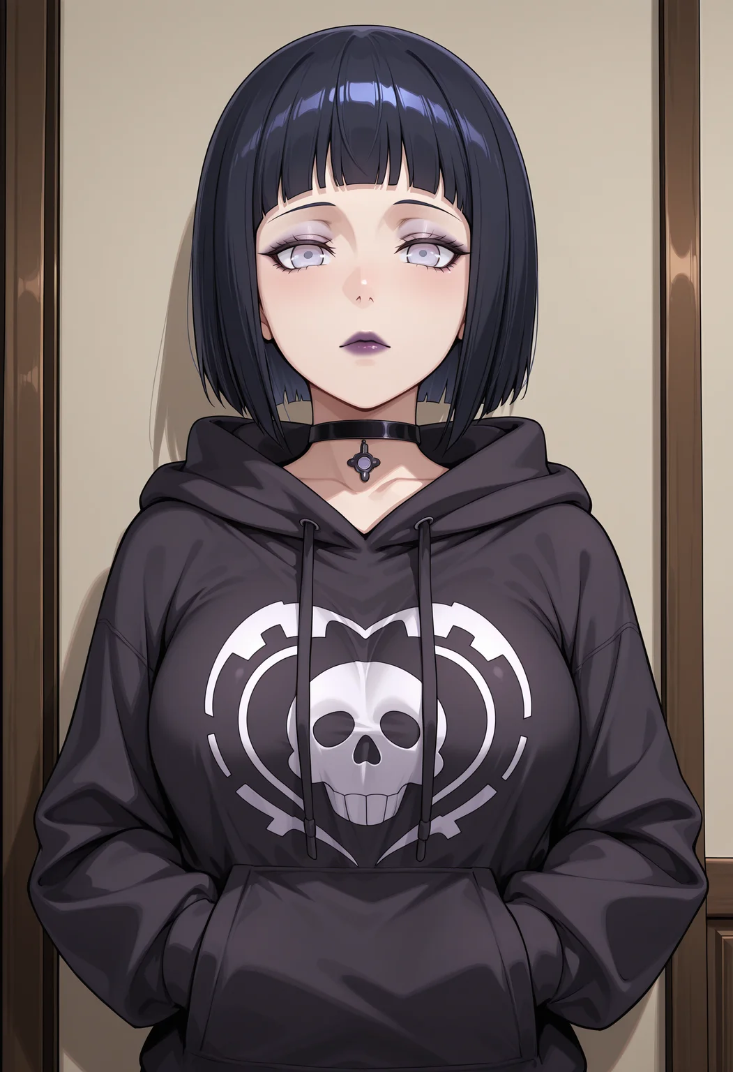 anime, masterpiece, best quality, detailed background, 8k,  <lora:gothgirl:1>, goth girl, 1girl, hyuuga hinata, makeup, lipstick, choker, hoodie