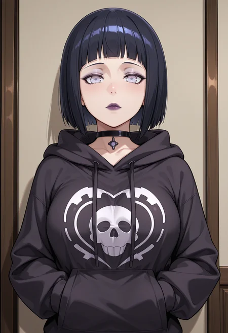 anime, masterpiece, best quality, detailed background, 8k,  <lora:gothgirl:1>, goth girl, 1girl, hyuuga hinata, makeup, lipstick, choker, hoodie
