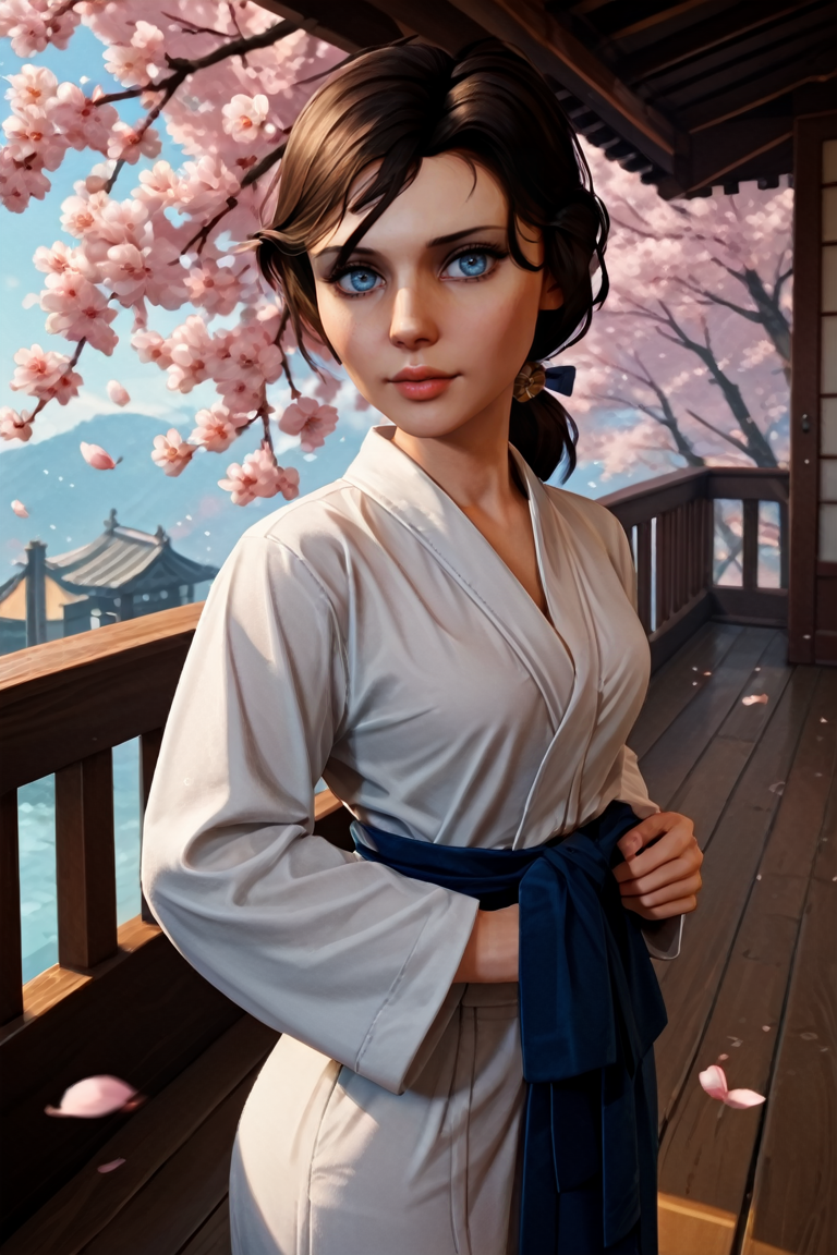 score_9, score_8_up, score_7_up, score_6_up, score_5_up, score_4_up
<lora:BioshockElizabeth:1.0>
BioshockElizabeth, 1girl, brown hair, ponytail, blue eyes, looking at viewer, yukata, japan, cherry blossoms, hair ornament