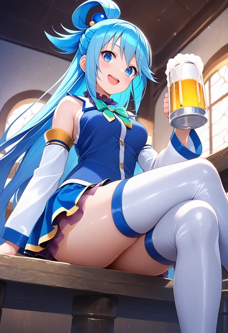 aqua \(konosuba\), 1girl, thighhighs, long hair, solo, open mouth, smile, cup, mug, sitting, looking at viewer, indoors, bare shoulders, hair rings, holding, beer mug, crossed legs, holding cup, thigh boots, green bow, blush, boots, single hair ring, alcohol, medium breasts, blue thighhighs, :d, blue shirt, from below, white thighhighs, beer, thighhighs under boots, very long hair, bowtie, thighs, white sleeves, sleeveless <lora:konosuba_collection_v2:1> score_9, score_8_up, score_7_up, score_6_up, absurdres, masterpiece, best quality, very aesthetic