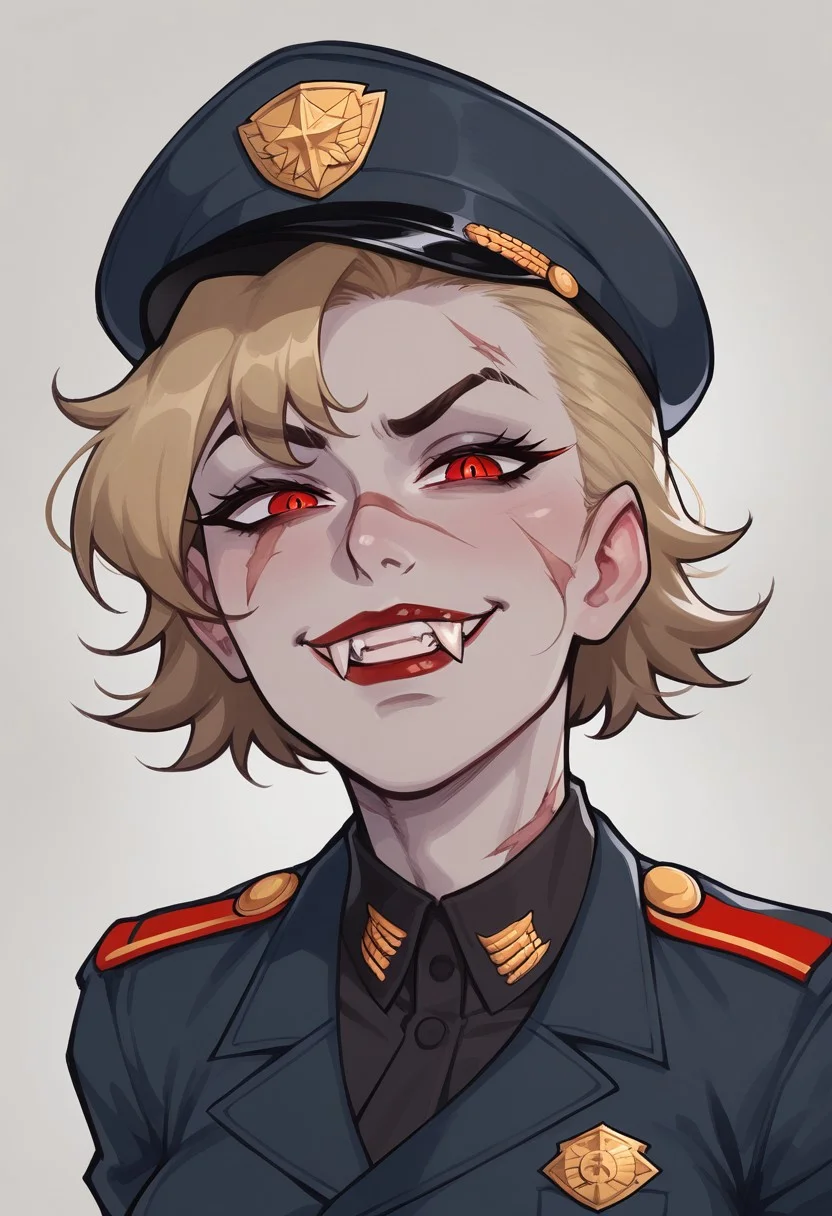 score_9, score_8_up, score_7_up, score_6_up, score_5_up, score_4_up, eye contact, looking at viewer, source_anime, naughty traditional art, lineart, DC, woman, (dirty blonde hair), grey skin, gray skin, cute face, attractive face, pretty face, smile, fangs, vampire fangs, teeth, rating_questionable, zPDXL, napoleonic military officer lady, military uniform, military insignia, upper body portrait, scar over left eye, red eyes