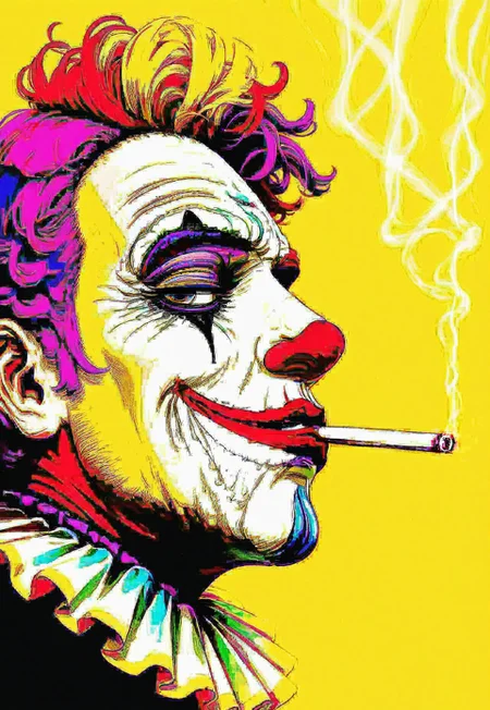clown makeup, solo, sm1l3, 1boy, male focus, profile, sideways glance, cigarette, smoking, smoke, detailed background, yellow background