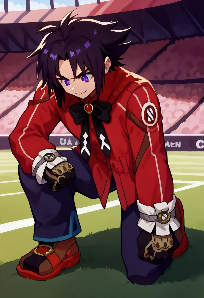 score_9, score_8_up, score_7_up, on one knee, full body, looking down, clenched hands, hand on ground, arm on knee <lora:IKneel_pdxl_Incrs_v1:1>, detailed skin,stadium,revin,coat,red_shirt,black_bow,black_gloves,dark_hair,purple eyes,smile,<lora:revin_brenten10:1>