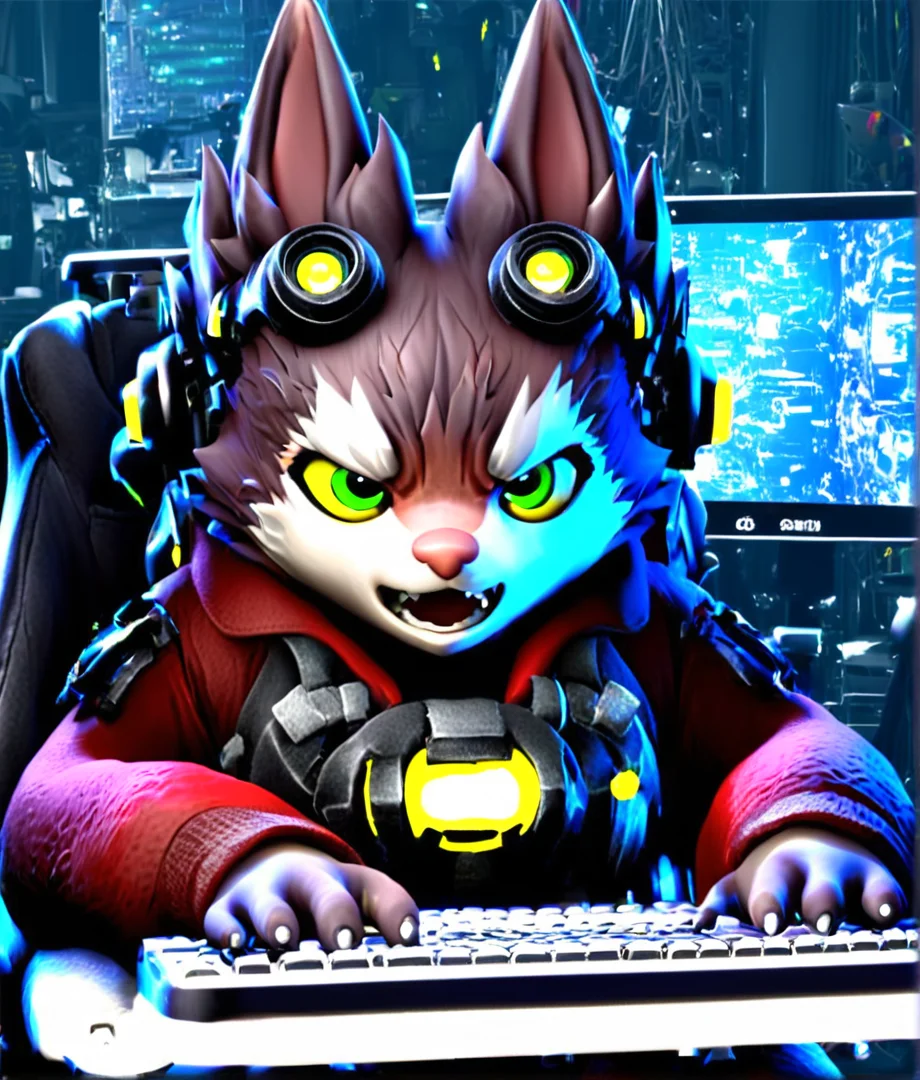 <lora:inori-meme-pony_last:1.5>, score_9 , score_8_up, score_7_up, portrait , source_cartoon, 3d,
BREAK
solo, tosca sitting in a chair slamming at keyboard, laboratory background, broken monitors,short, animal ears, googles , tail, yellow sclera, green eyes, wearing tech backpack, multi ears,detailed fur <lora:Tosca_-_Crucible:0.8> <lora:Pony_DetailV1.0:0.4>
