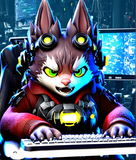 <lora:inori-meme-pony_last:1.5>, score_9 , score_8_up, score_7_up, portrait , source_cartoon, 3d,
BREAK
solo, tosca sitting in a chair slamming at keyboard, laboratory background, broken monitors,short, animal ears, googles , tail, yellow sclera, green eyes, wearing tech backpack, multi ears,detailed fur <lora:Tosca_-_Crucible:0.8> <lora:Pony_DetailV1.0:0.4>