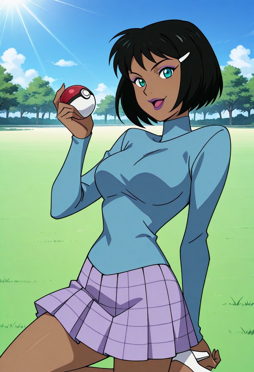 score_9, score_8, score_7_up, source_anime, anime_coloring, anime_screenshot, highres, rating_questionable, solo, BREAK,
StaticMadelynSpaulding, 1girl, dark-skinned female, black hair, short hair, bob cut, hairclip, hair ornament, aqua eyes, green eyes, makeup, lipstick, purple lips, breasts, medium breasts, turtleneck, sweater, blue shirt, blue sweater, long sleeves, skirt, purple skirt, plaid skirt, pleated skirt, miniskirt, white footwear, shoes, high heels
looking at viewer, smile, open mouth, holding poke ball, standing on one leg, BREAK school, blue sky, day, outdoors, sunlight,