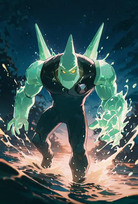 <lora:diamondhead-06:1> diamondhead, robot, yellow eyes, solo, 1boy, no humans, pokemon (creature), armor, spikes, yellow sclera, green skin,  cartoon,  <lora:WSSKX_WAI:1>, angry,  emerging out of water, splashing water, night time,, masterpiece, best quality, amazing quality, very aesthetic, absurdres, newest,