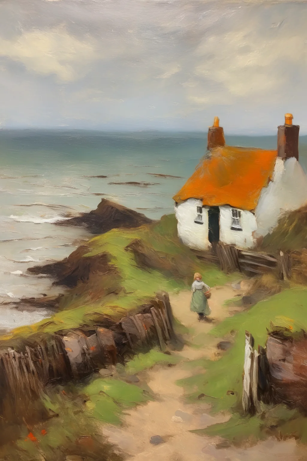 <lora:William McTaggart Style:1>William McTaggart Style - english coast cottage oil painting