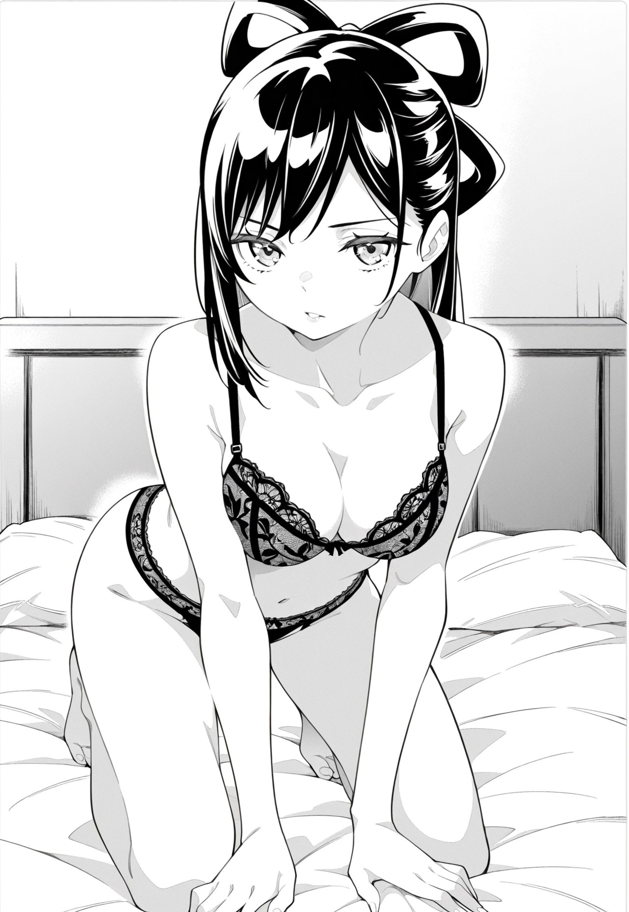 1girl, solo, himari azuma, long hair, side bangs, hair tied in large bow, expressive eyes, medium breasts, dark hair, black lace bra, black thong with thin waistband, lingerie, kneeling on bed, seductive expression, leaning forward slightly, monochrome