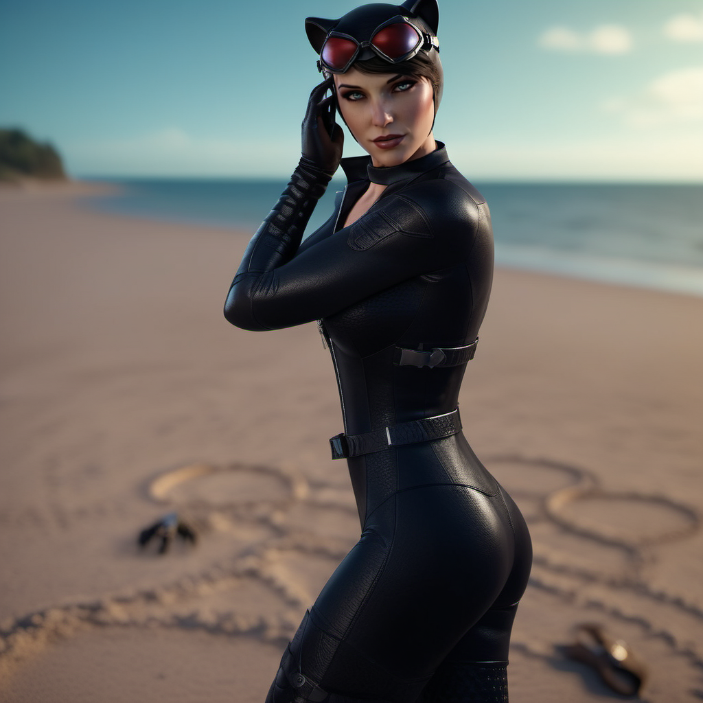 cinematic photo full body portrait realistic 1girl, view from above, short hair,goggles, choker, breast, cleavage, black bodysuit, animal ears, gloves, highheels boots, detailed eyes, detailed skin, poses on a beach <lora:Catwoman1024:0.8>  . 35mm photograph, film, bokeh, professional, 4k, highly detailed