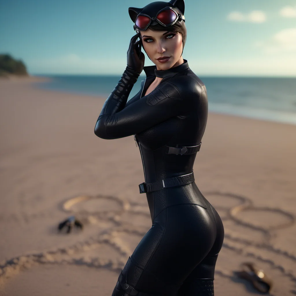 cinematic photo full body portrait realistic 1girl, view from above, short hair,goggles, choker, breast, cleavage, black bodysuit, animal ears, gloves, highheels boots, detailed eyes, detailed skin, poses on a beach <lora:Catwoman1024:0.8> . 35mm photograph, film, bokeh, professional, 4k, highly detailed