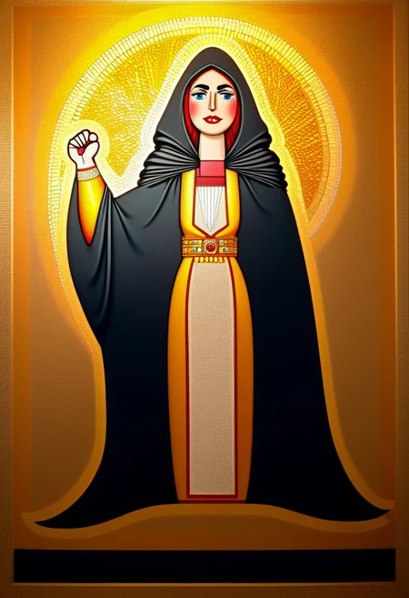 A colorful byzantine style mosaic with golden glow depicting in propaganda style an anarchist nutcracker hero of the byzantine empire. she wears a dark robe with big hood and is raising her fist. Nutcracker style
