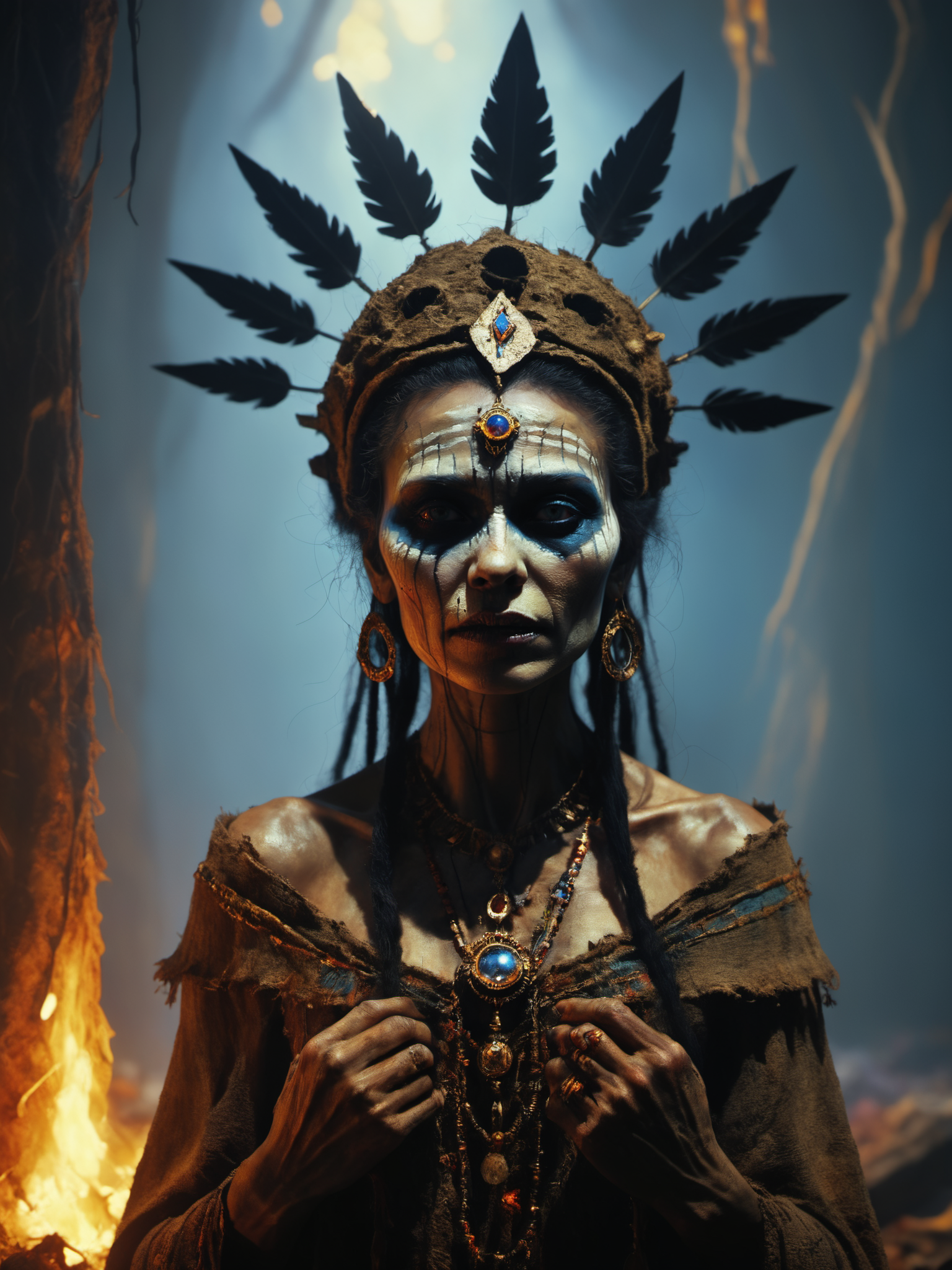 Voodoo Priestess,by Leonid Afremov and ZdzisÅaw BeksiÅski,and Francisco de Goya,ultra realistic,Horror vacui,eerie,god rays,Octane render,8k,film grain,deep colors,(mythical),trending on artstation,(masterpiece, high quality:1.1),(highly intricate details:1.1),(best quality:1.1) (8K, UHD:1.1),<lora:DetailedEyes_V3.SDXL:1>,<lora:add-detail-xl:0.5>,<lora:xl_more_art-full_V1:2>,<lora:RMSDXL_Enhance:2>,, Ultra-HD-details