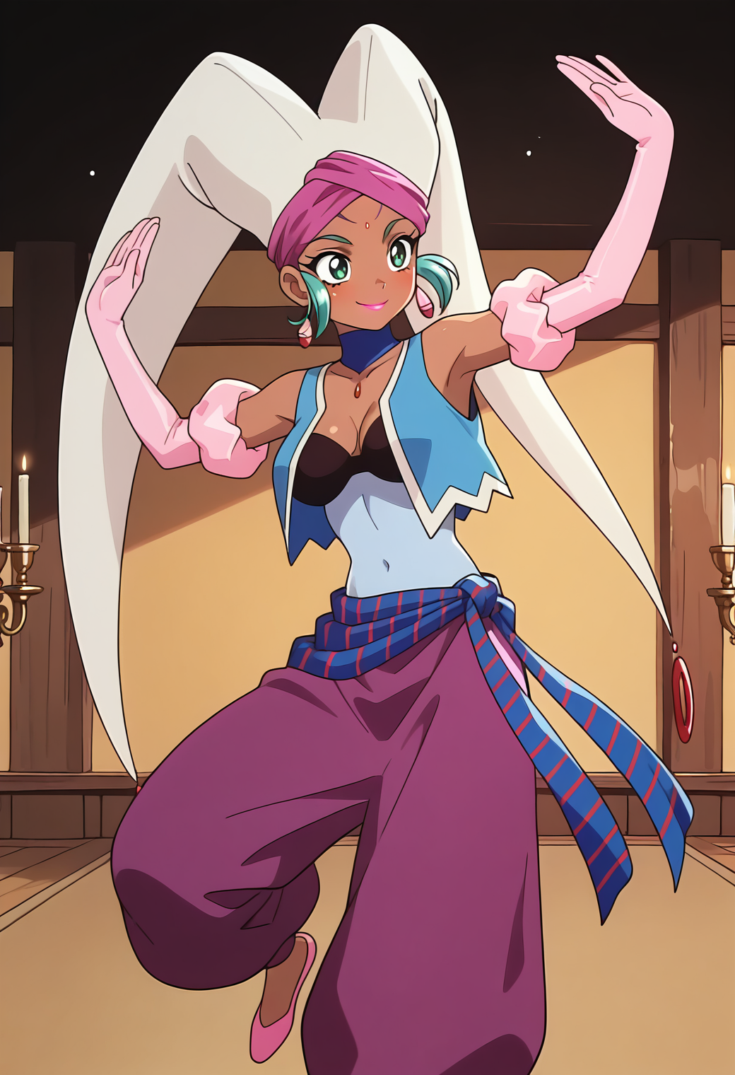 masterpiece, best quality, amazing quality, 1girl, solo,
<lora:female_jinn1_v01:0.9>, female_jinn1, dark-skinned female, green hair, short hair, facial mark, bindi, green eyes, lipstick,
hat, turban, earrings, choker, jewelry, blue vest, arabian clothes, cleavage, waist bandana, striped bandana, pink elbow gloves, purple harem pants, pink flats, smile, belly_dance, dancing
