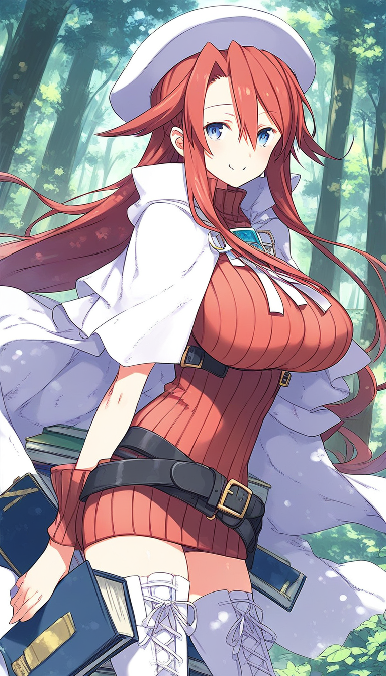 score_9, score_8_up, score_7_up, source_anime, rating_explicit, BREAK  <lora:Aty_XL:1> Aty, very long hair, red hair, blue eyes, large breasts, beret, hair between eyes, white headwear, 
thighhighs, white footwear, no glasses, belt, boots, loose belt, smile, thigh boots, red sweater, white cape, dress, book, looking at viewer,
forest