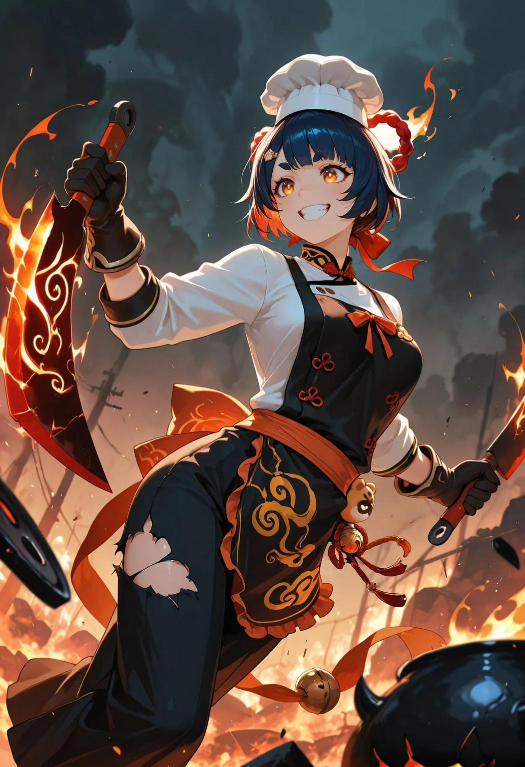 masterpiece,best quality,amazing quality,absurdres, BREAK
xiangling \(genshin impact\), 1girl, blackened apron, possessed wok, flaming hair (abyssal), glowing red eyes, kitchen battlefield, floating knives, monster ingredients (alive), smoke and sparks, chef’s hat (torn), manic grin, dynamic pose: mid-stir, dark cuisine theme, sinister food aura, chaotic energy, portrait: dutch angle, hellfire backdrop, meat cleaver, culinary madness