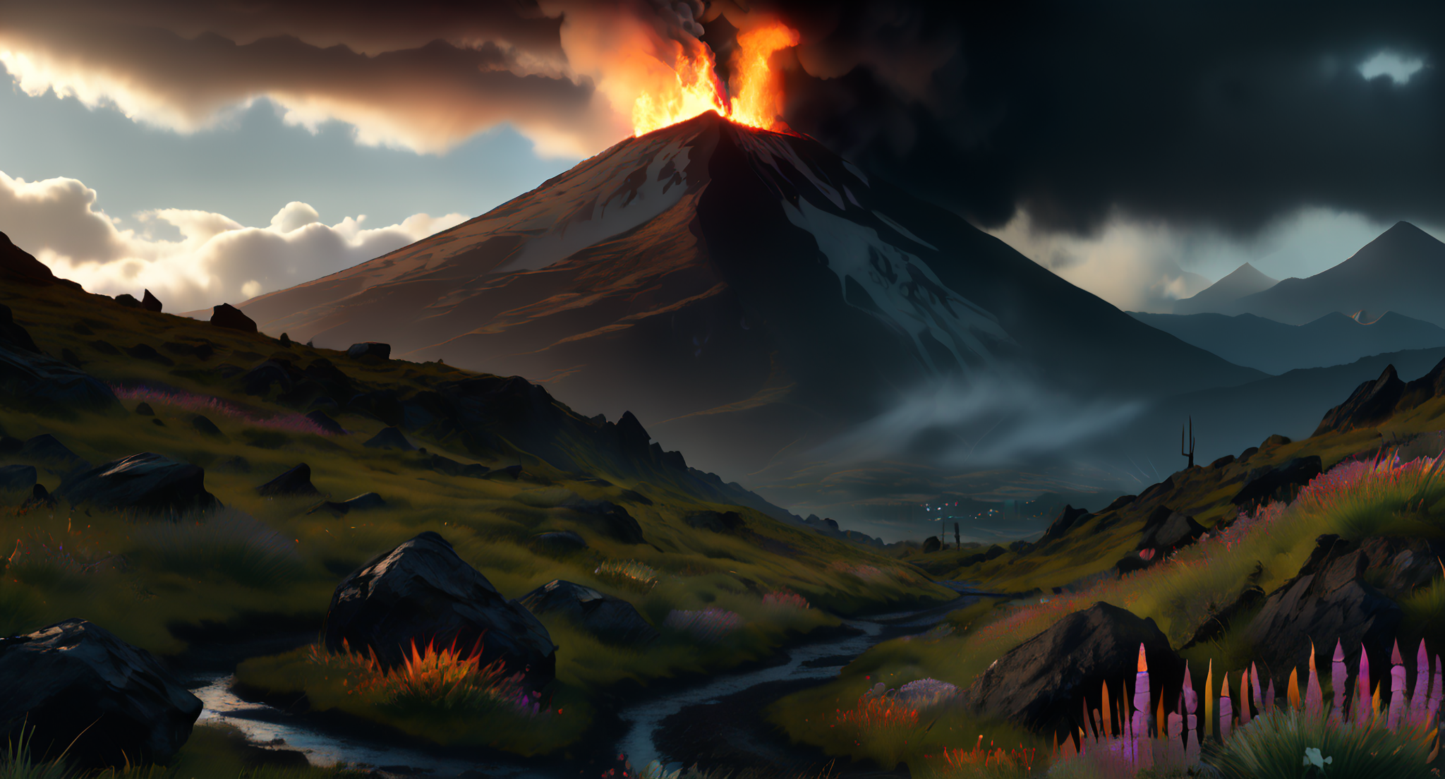 scenic volcanic landscape, ashes, vulcano, eruption, rolling hills, rocks, (mountain spring:1.34), mountain backdrop, panorama, clear photograph, intricate details, flowing wind, (billowing:1.22) clouds of foggrass swaying, bushes, flowers, alpine wildflowers, colorful blooms, peaceful, pristine, untouched, unspoiled, untamed, rugged mountains, snow-capped, fresh air, clean, distant vistas, breathtaking, awe-inspiring, sacred, idyllic, paradise, divine (Candlelit, the flickering flames casting mysterious, dancing shadows, soft, warm, intimate atmosphere:1.31),Blade Runner style: (dark and atmospheric:1.1), (futuristic grit and grime:1.15), neon lights in heavy rain, sharp contrasts between light and shadow, practical effects like smoke and steam, introspective storytelling, human condition in a dystopian future, advanced technology, organic-synthetic blend, gritty, futuristic urban environments, (crisp:1.2)), , dappled sunlight,  highres, 8k,, (uncanny:1.44),  high realism,      <lora:sdxl\add-detail-xl.safetensors:0.9500000000000001:0.4> <lora:sdxl\incase_style_v3-1_ponyxl_ilff.safetensors:0.88:0.3> <lora:sdxl\Hyper_Realism_Pony_XL.safetensors:0.9:0.25>